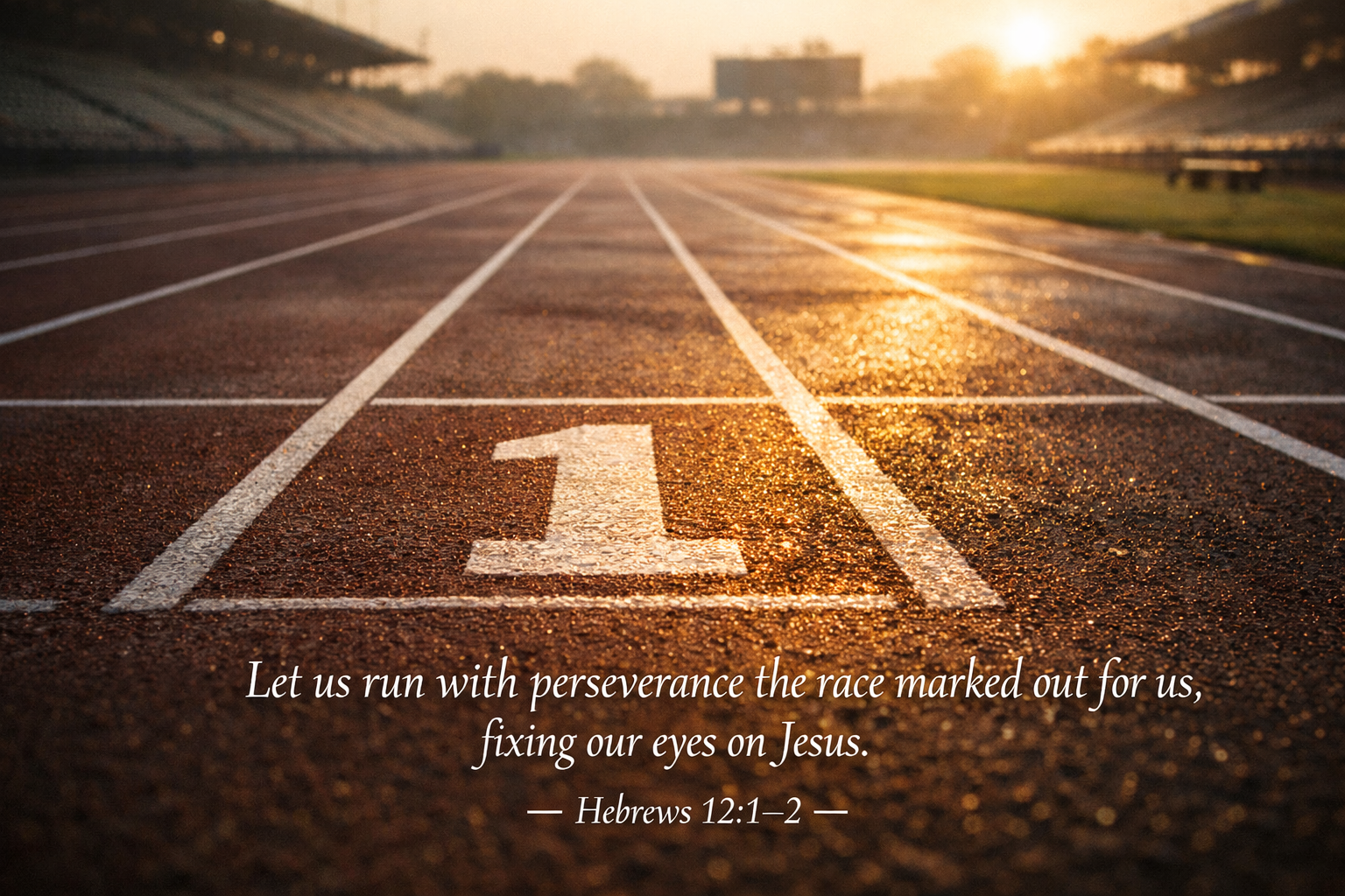 Running track lane stretching into the distance with fresh white lines and morning dew with Hebrews 12:1-2 verse about the race marked out